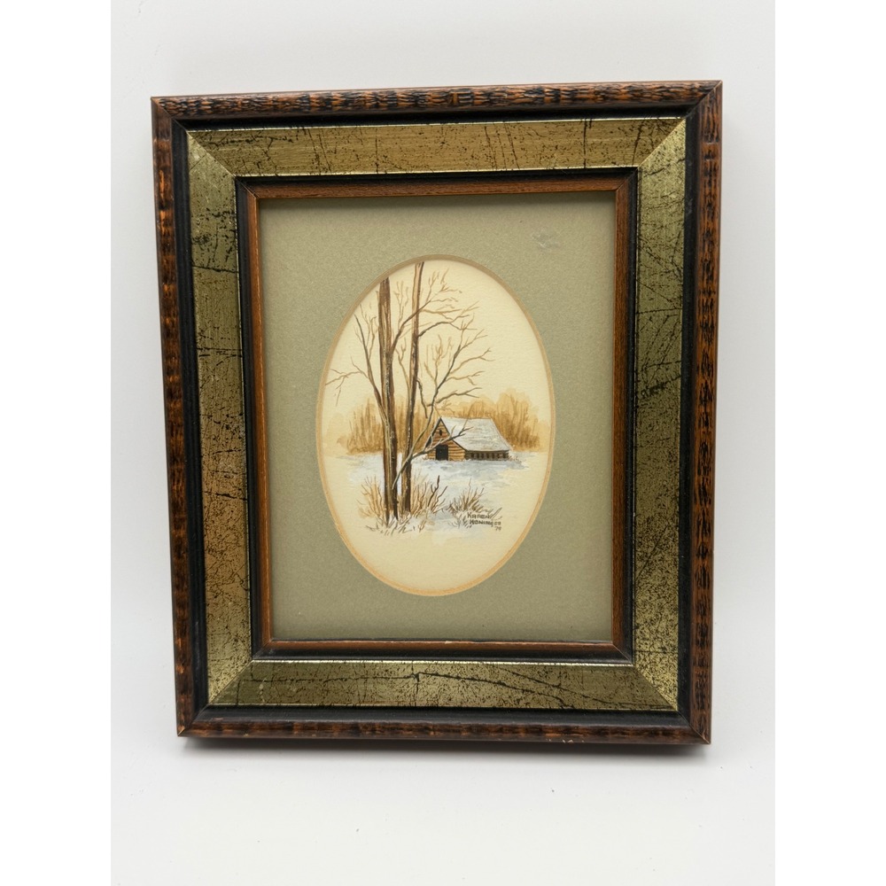 Karen Henninger Signed Winter Cabin‎ Painting 1979 Vintage Framed Landscape Art